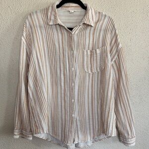 Aeropostale Women’s Beige and White Striped Button-Down Shirt